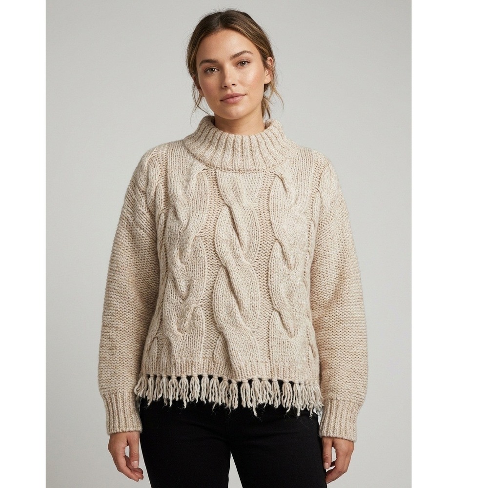 The Westside Women's Betsy Alpaca Cable Knit Fringe Sweater Cream Gold Size M